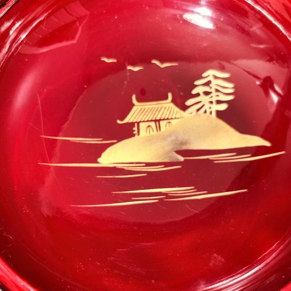 3 Vtg Japanese Lacquerware Salad Bowls Cinnabar Red Gold Chinoiserie Landscape